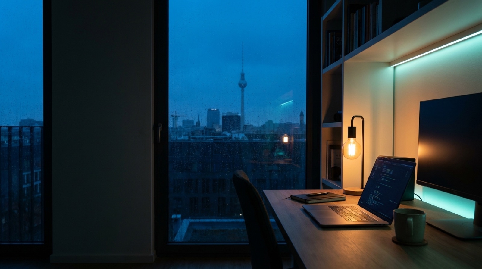 A quiet Berlin studio workspace at blue hour