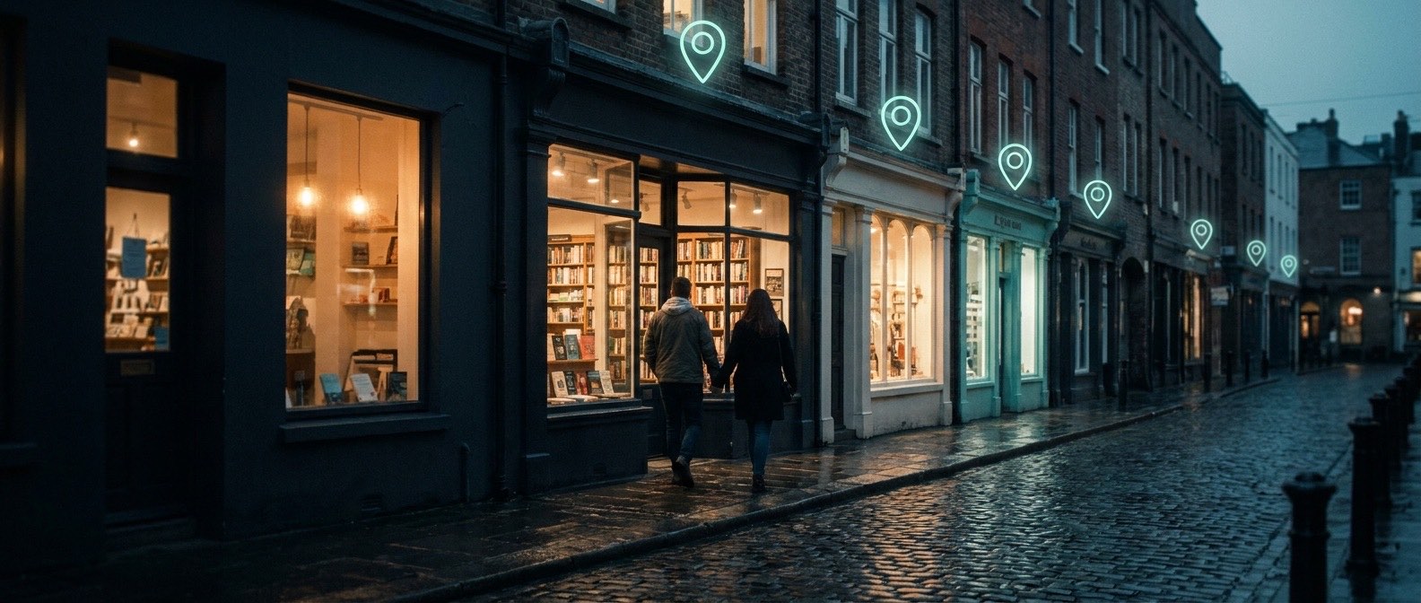 An evening street of local shops with floating map pins