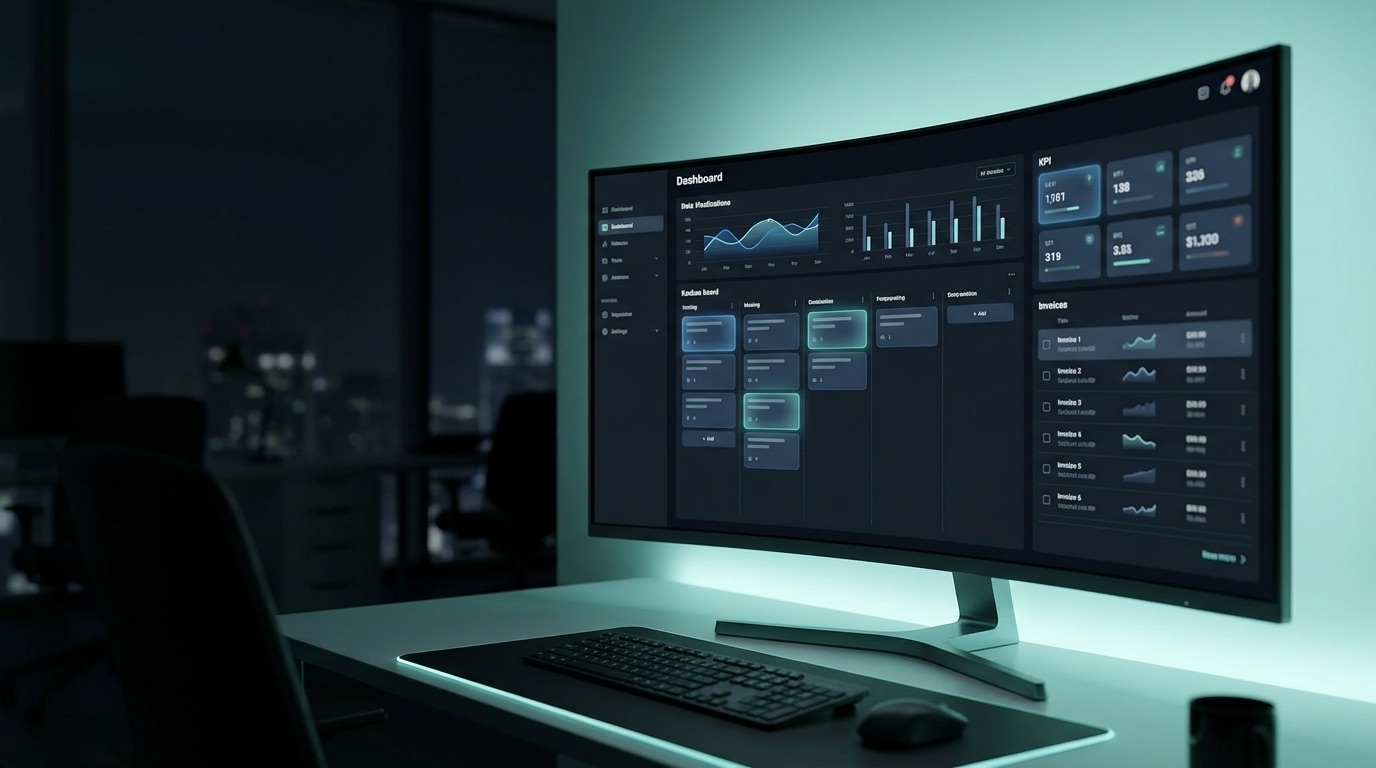 A sleek internal business dashboard and CRM on a monitor