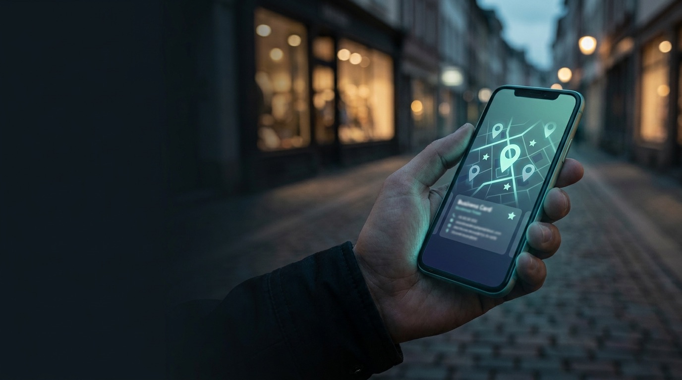 A phone showing a local map with location pins and review stars